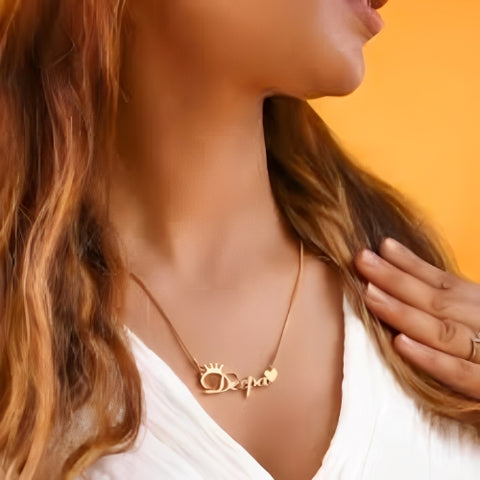 Crown Heart 24k pure Gold or 18Kgold plated Various Font Necklace , Personalized pendant.
