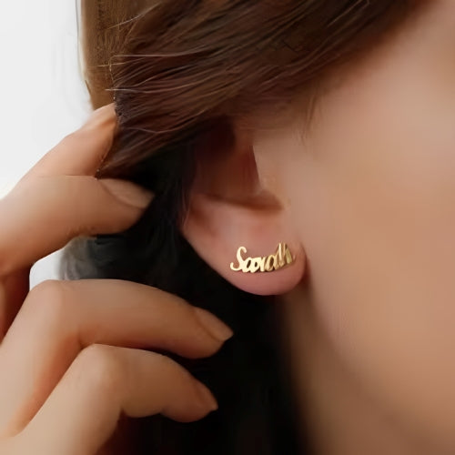 AALIA JEWLERIES Curved Customized Name Stud Earrings Different Font Style Gold Plated Beautiful Design.