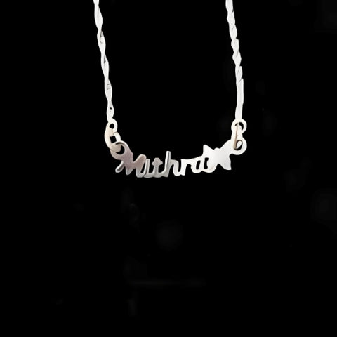 Curved Silver Customized Name Pendant Designed with Butterfly.
