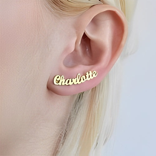 AALIA JEWLERIES Curved Design Best Quality Beautiful Design Customized Name Gold Plated Stud Earrings.