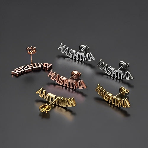 AALIA JEWLERIES Curved Design Best Quality Beautiful Design Customized Name Gold Plated Stud Earrings.