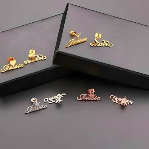 Customized Name Decorated with Different Shapes Heart, Star, Crown design Best Quality Beautiful Design Customized Stud Earrings Gold Plated, Rose gold, Pure Silver.