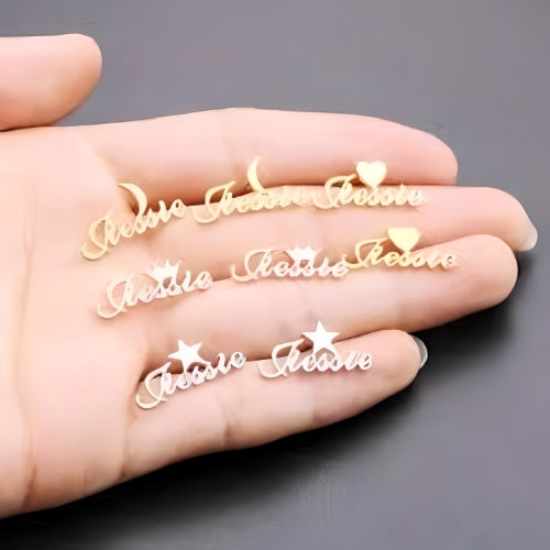 Customized Name Decorated with Different Shapes Heart, Star, Crown design Best Quality Beautiful Design Customized Stud Earrings Gold Plated, Rose gold, Pure Silver.