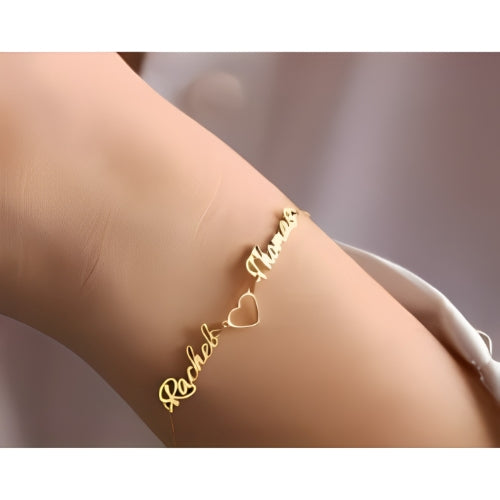 Customized Name Designed with Heart thin Chain Gold Plated Bracelet