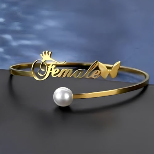 Customized Name With Decorated with Butterfly and Crown with Pearl Gold Bracelet