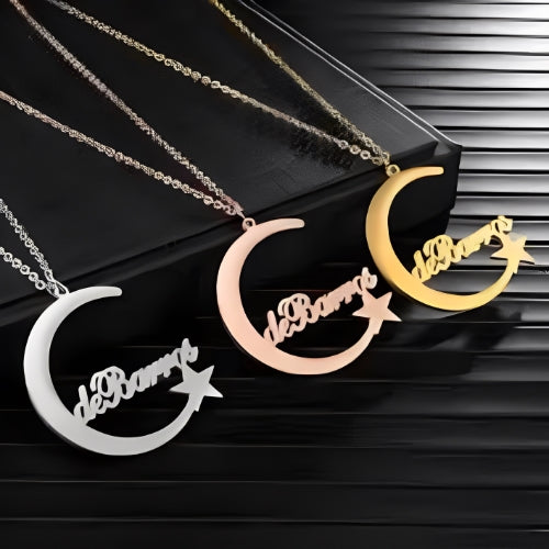 Customized name Pendants gold, silver & rose gold  moon and star  unique personal present.