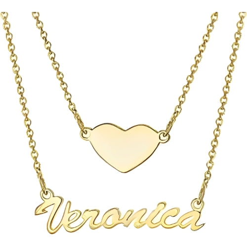 DOUBLE CHAIN CUSTOMIZED NAME WITH HEART GOLD PLATED NECKLACE.