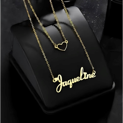 DOUBLE CHAIN CUSTOMIZED NAME WITH HEART GOLD PLATED NECKLACE.