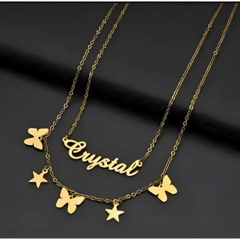 DOUBLE CHAIN STAR BUTTERFLY GOLD PLATED PERSONALIZED  NAME PENDANT DESIGN.