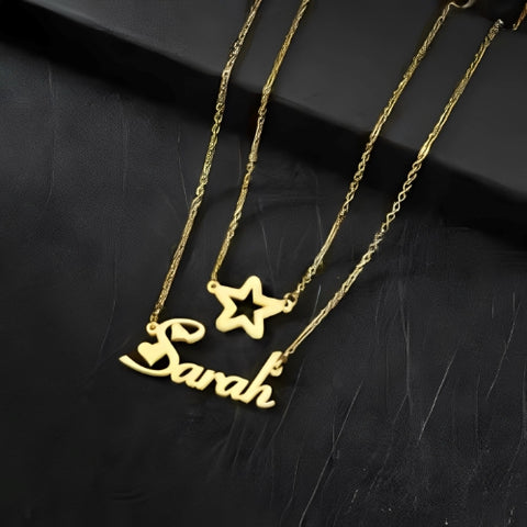 DOUBLE CHAIN STAR PERSONALISED NAME GOLD PLATED PENDANT DESIGNED WITH STARS.