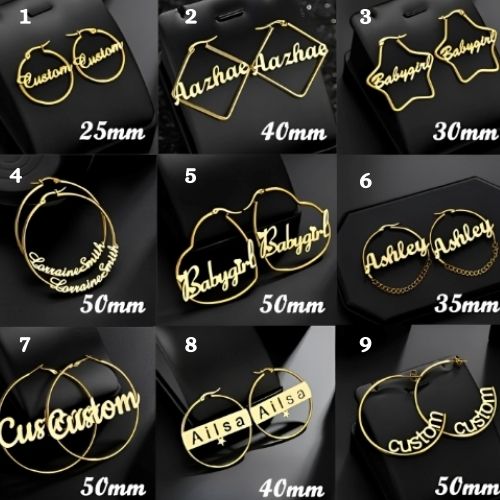 Gold Various Designs Hoop Dangling Customized Name Centered Personalised Name Earrings. Gift for Birthday, Anniversary, wedding, Frends, Bridesmaids, Mother's Day