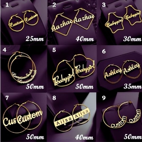 Gold Various Designs Hoop Dangling Customized Name Centered Personalised Name Earrings. Gift for Birthday, Anniversary, wedding, Frends, Bridesmaids, Mother's Day