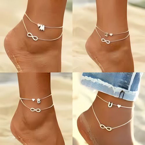 Different Double Gold Anklet Infinity Initails Costum with Heart or Butterfly Gift