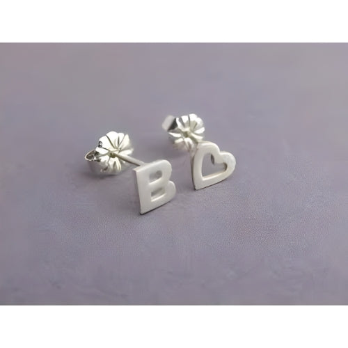 Silver Different Pairs Customized Heart Initial Personalized Letter Stud Silver Earrings