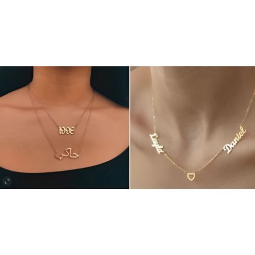 Double Pendant Gold plated Arabic Font Customized Name and Date Personalized Names Necklace Pendant Name  jewelry for occassions.