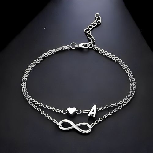 Double Silver Anklet Infinity Initail Costum Letter with Heart Personlaised