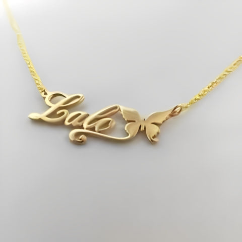 GOLD CUSTOMIZED  NAME NECKLACE DECORATED WITH BUTTERFLY.