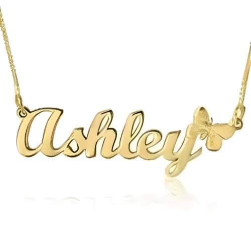 GOLD CUSTOMIZED  NAME NECKLACE DECORATED WITH BUTTERFLY.