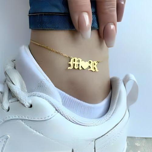 Gold Anklet Bracelet Costum Name Initials with Heart Jewel Personalized
