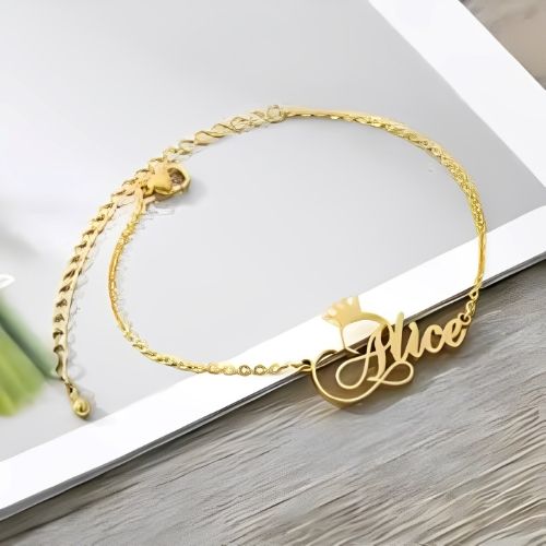 Gold Anklet Bracelet Custom Name Crown Personalised Beautiful Gift