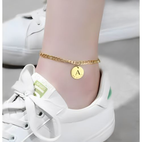 Gold Anklet Bracelet Initial Ingraved Circle Shape Personalise Name