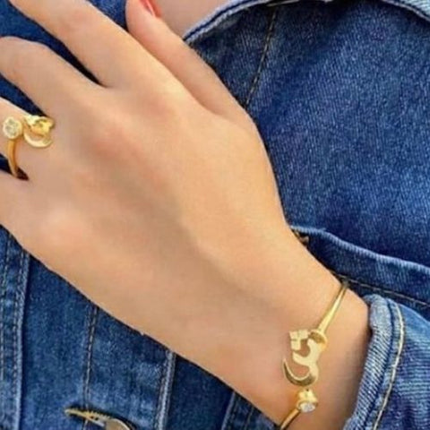 Gold Arabic Font  Personalized initials  Design with Zircon Bangle braclet and ring set,customized Initial  jewelry for ocassions.