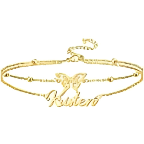 Gold Double Chain Butterfly Design Customized Name Personalized Name Bracelet