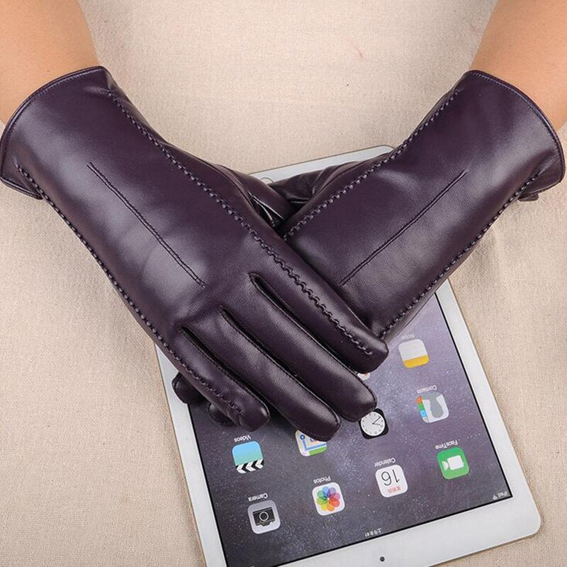 High-end leather female model warm cycling gloves for women who drive with touch screens, styled in a black bow (B7)