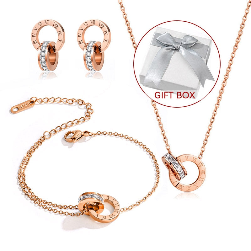 Luxury Elegant Roman Numeral Crystal Necklace Earrings Set For Women Fashion Stainless Steel Earrings 2021 Trend Wedding Jewelry