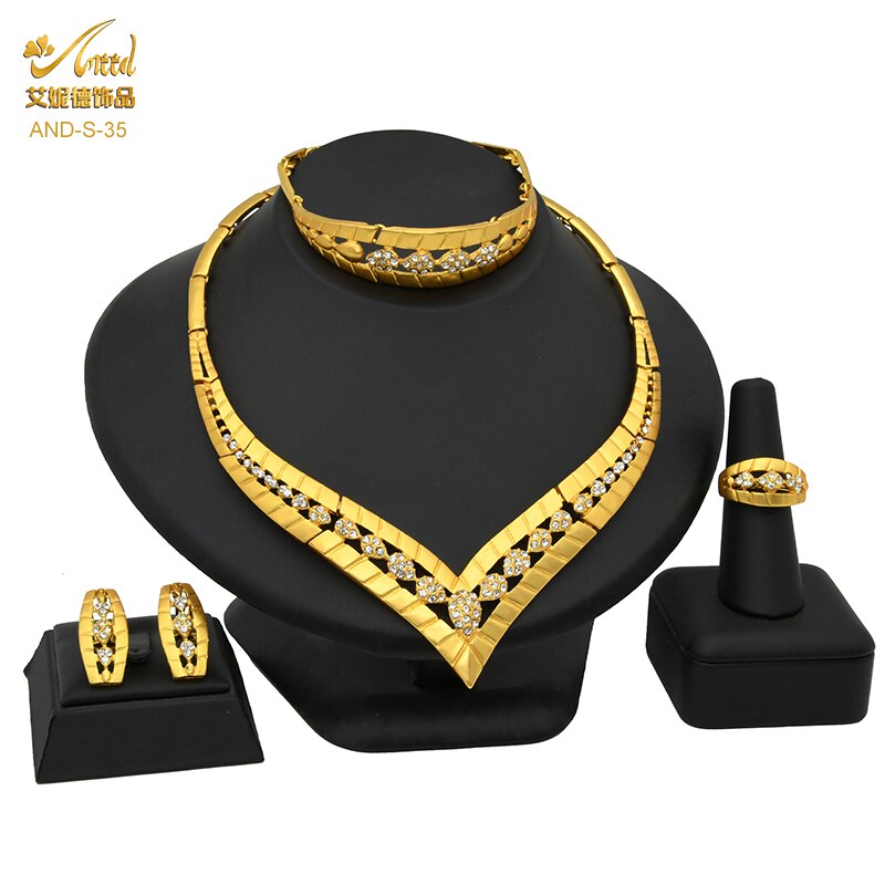 ANIID African Jewelry Set Big Necklace Dubai Ethiopian Gold Color Jewelery Earring Bracelet For Women Bridal Choker Wholesale