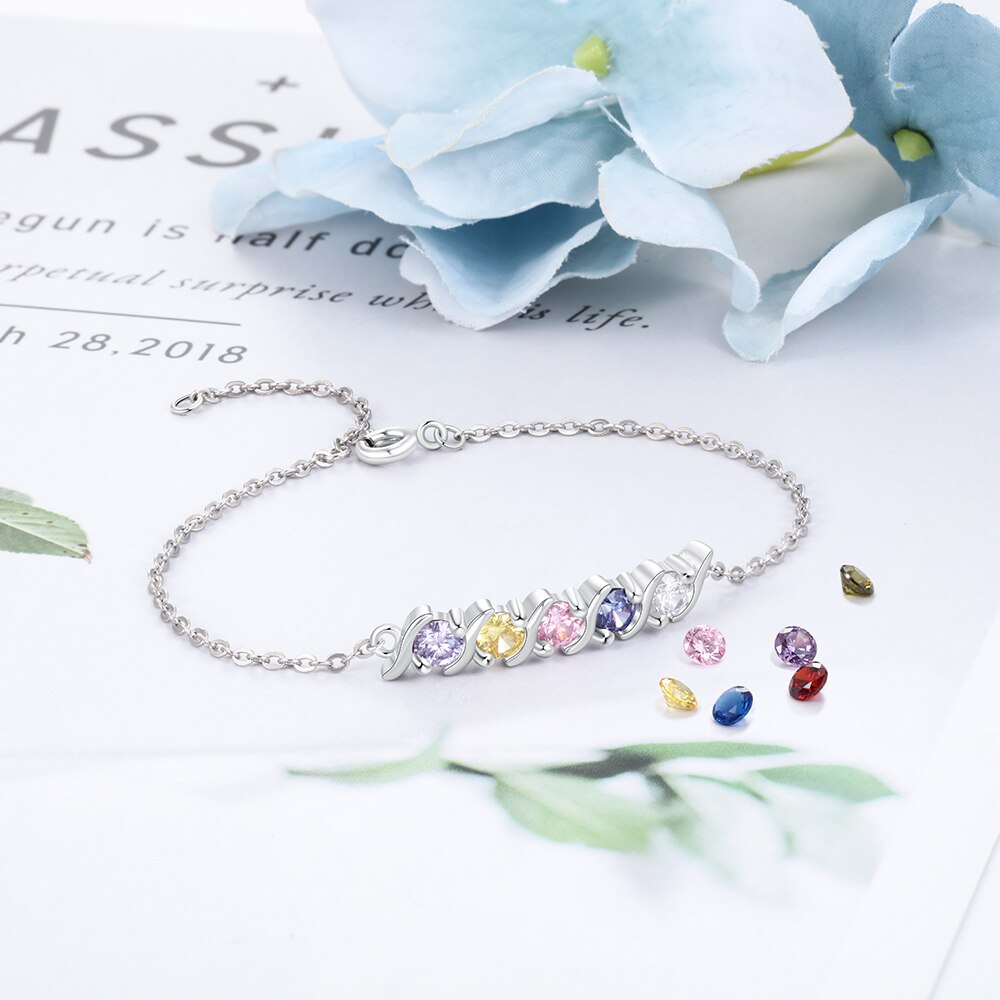 Personalized  Silver Color Bracelet with 5 Birthstone Round Cubic Zirconia Charm Bracelets Fine Jewelry (Lam Hub Fong)