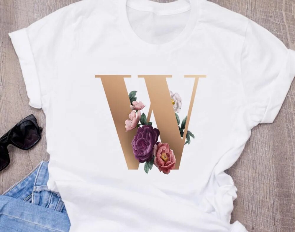 High-Quality Custom Personalized Name Letter (O) Combination T-Shirt for Women with Floral Alphabet Design in Short Sleeves.