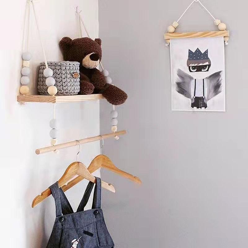 Handcrafted Shelf Kids Room Hanging Bead Shelf Nordic Style Nursery Decoration Wall Shelves Girls Clothes Storage Hanging Rack