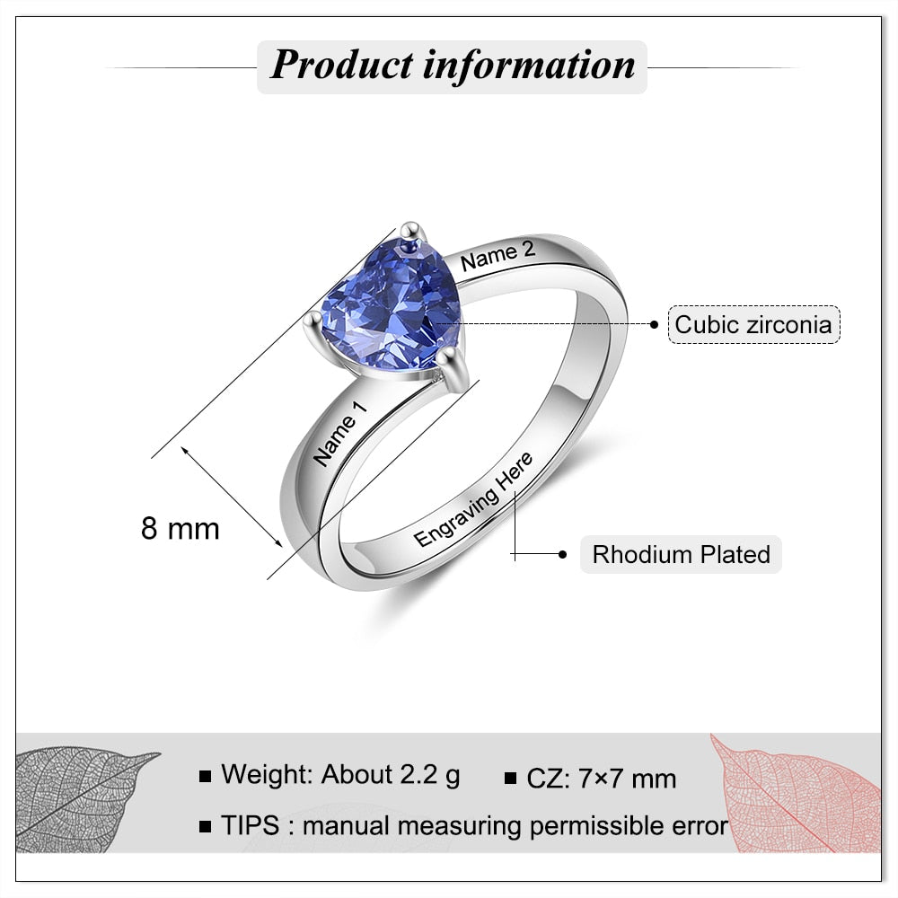 JewelOra Personalized Name Engraved Silver Color Copper Ring Customized Heart Birthstone Rings for Women Birthday Couple Gifts