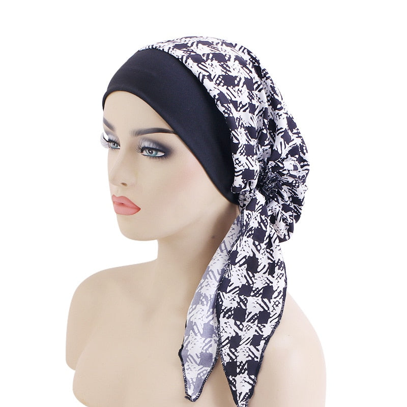 Women Printed Pre-tie Headscarf Elastic Muslim Female Turban Cancer Chemo Hat Hair Loss Cover Head Wrap Headwear Stretch Bandana