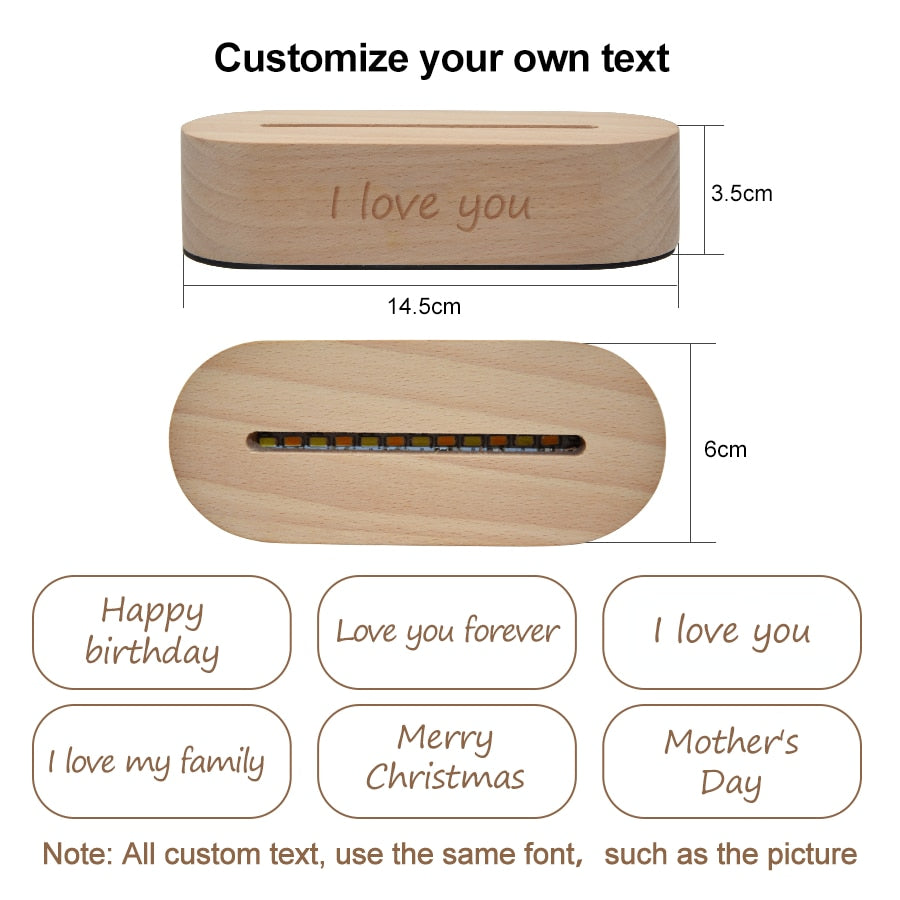 Dropshipping Customized 3D Night Light USB Wooden Base DIY Night Lamp For Wedding Christmas Gift Holiday Light Custom Text Photo