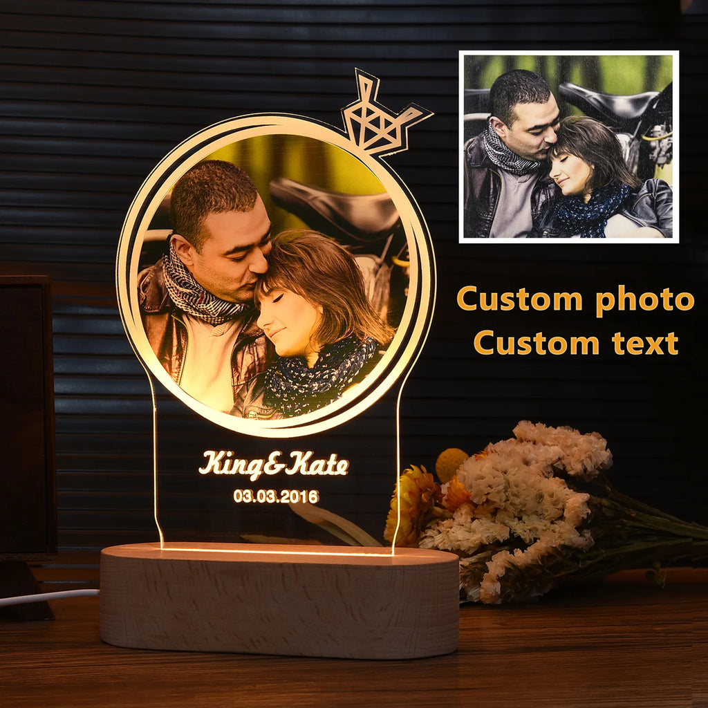 Customized Photo Frame USB Creative Wooden Base With Led Light  Living Room Bedroom Decoration Custom Text Photo