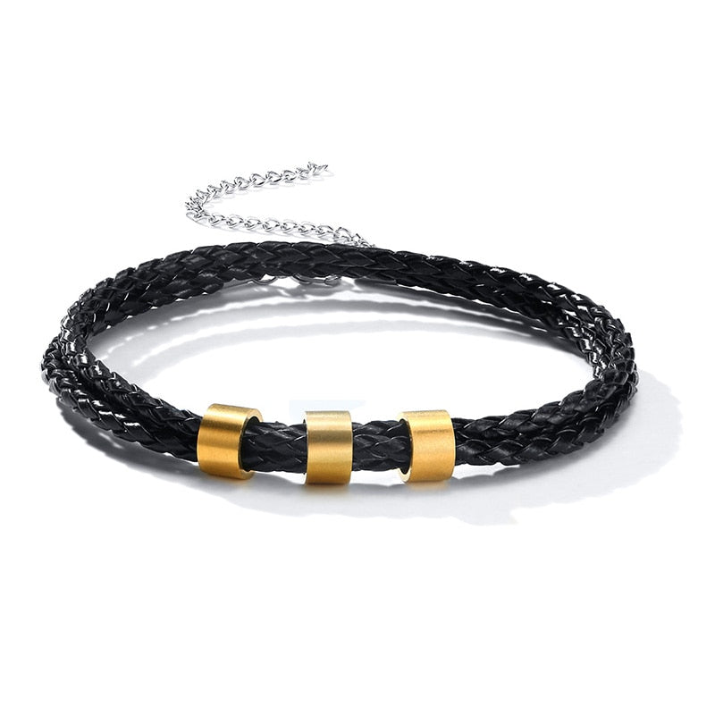 VNOX-BL-573BS Customized Bracelet - Trendy Stainless Steel Link Chain with Leather - Perfect for Men