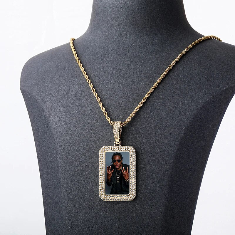 TOPGRILLZ custom photo square medallion pendant iced zircon pendant men hip hop fashion jewelry