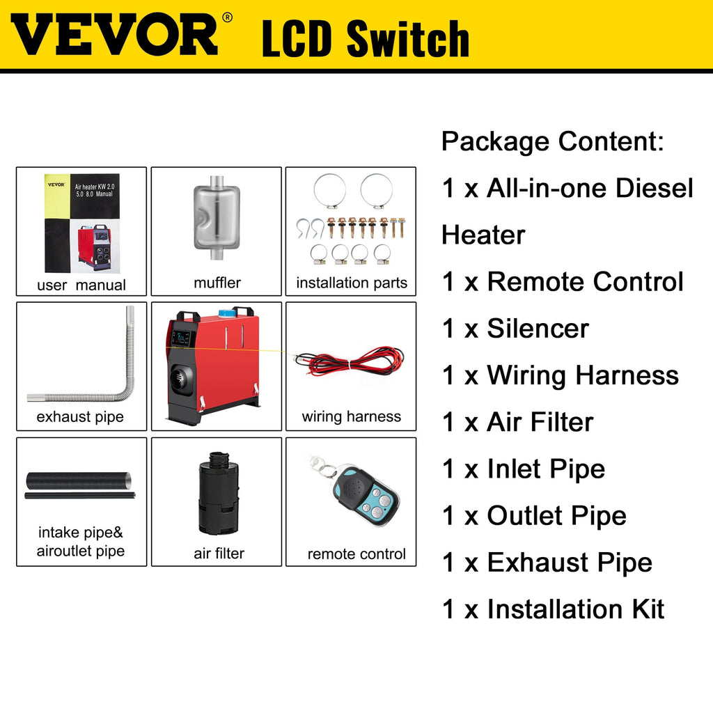 VEVOR 8KW Parking Heater 12V Car Diesel Air Heater All-In-One with LCD Monitor Bus Trailer Boat Trunk Diesel Vehicles Heating