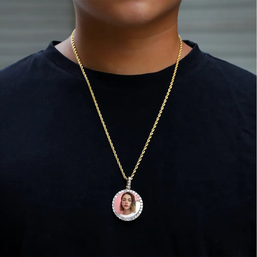 Custom Photo Roundness Solid Back Pendant & Necklace With 4mm Tennis Chain Cubic Zircon Unisex Hip hop Jewelry - Buy Online