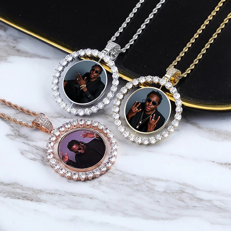 TOPGRILLZ Custom Made Photo Rotating Double-sided Medallions Pendant Necklace With 4mm Tennis Chain Zircon Men&#39;s Hip Hop Jewelry