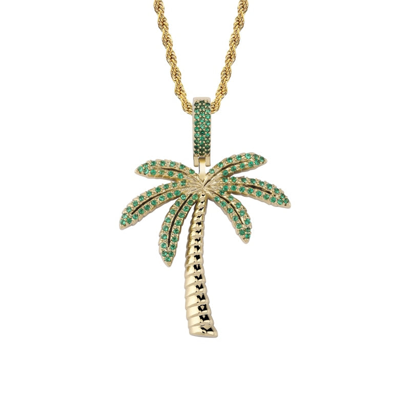 TOPGRILLZ Coconut Tree Iced Out Cubic Zircon Pendant&amp; Necklace Gold Silver Color Plated Hip Hop Men&#39;s Jewelry