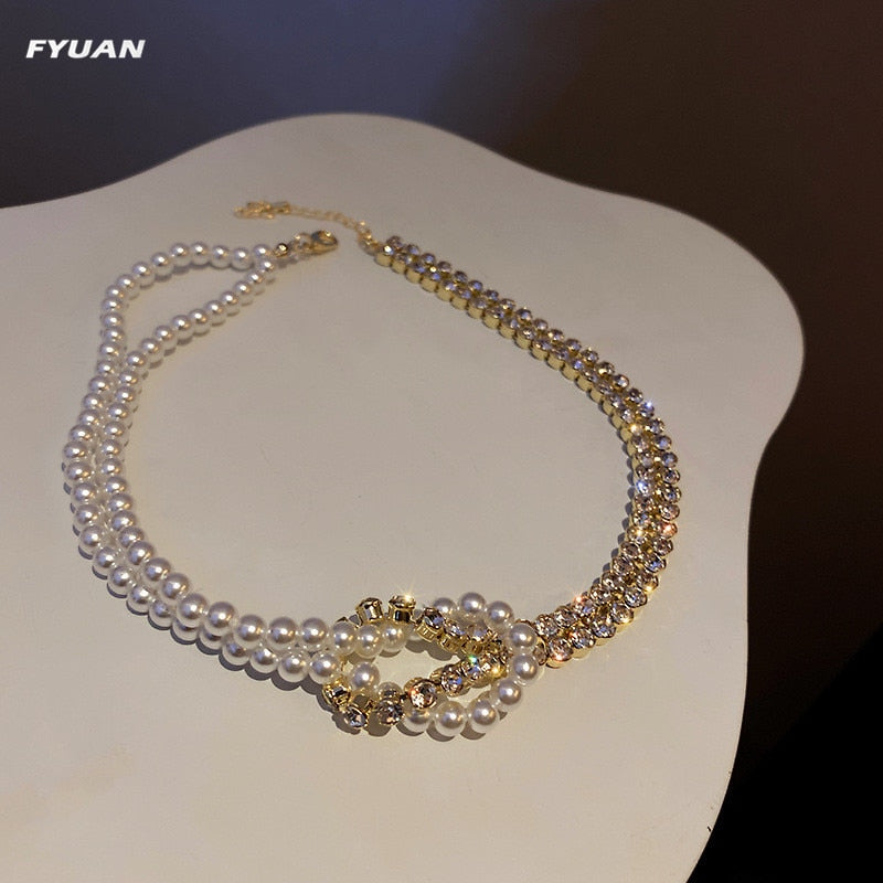 FYUAN Korean Style Pearl Crystal Choker Necklaces for Women Short Chain Rhinestone Necklaces Statement Jewelry