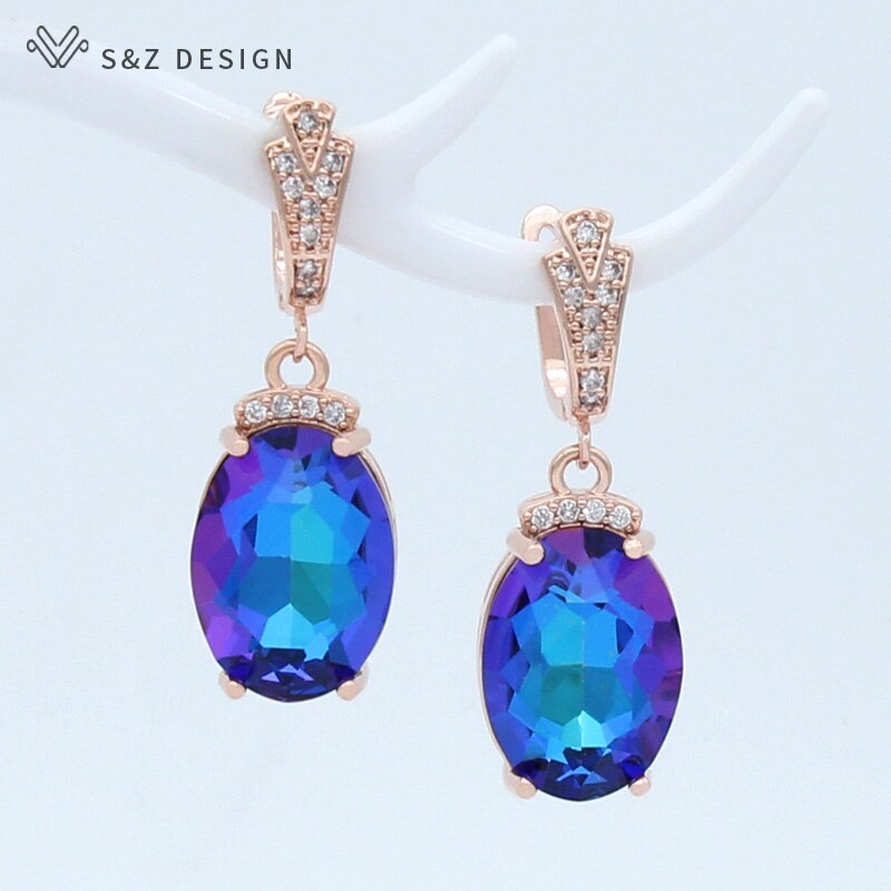 S&amp;Z DESIGN New Fashion Oval Large Crystal Dangle Earrings For Women Wedding Luxury Rose Gold Zirconia Jewelry