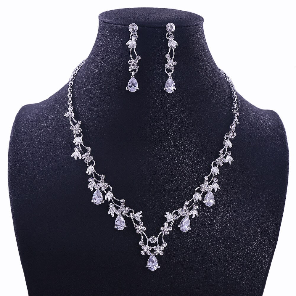 Luxury Sliver Plated Rhinestone Crystal Faux Pearl Necklace Earrings Jewelry Set For Bride Wedding African Costume Jewelry Sets