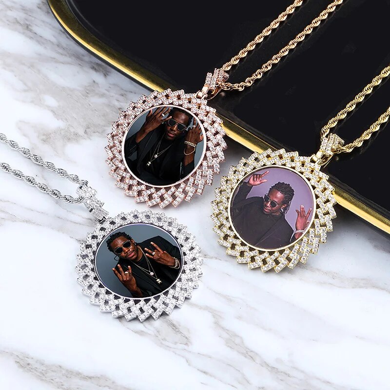 TOPGRILLZ Custom Made Photo Round Medallions Necklace &amp; Pendant with 4mm Tennis Chain Gold Silver Cubic Zircon  Hip hop Jewelry