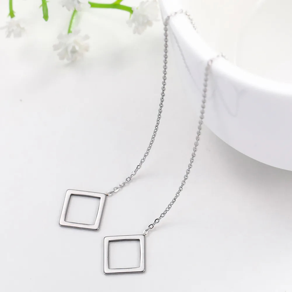 Teamer Simple Geometric Square Circle Long Earrings Long Chain Ear Wire Fashion Linear Earring Women Stainless Steel Jewelry