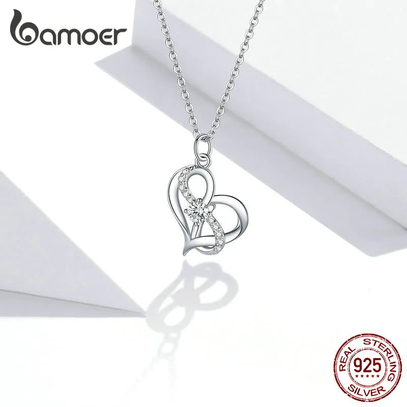 Bamoer 925 Sterling Silver Clear CZ Forever Love Heart Pendant Necklace for Women Valentine&#39;s Day Anniversary Gift Fine Jewelry