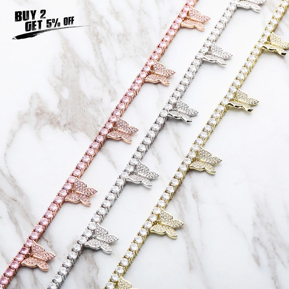 JINAO New Butterfly Chain 4MM Tennis Chain Choker Necklace Iced Out Cubic zircon Bling Hip Hop Charm  Jewelry For Men Women Gift